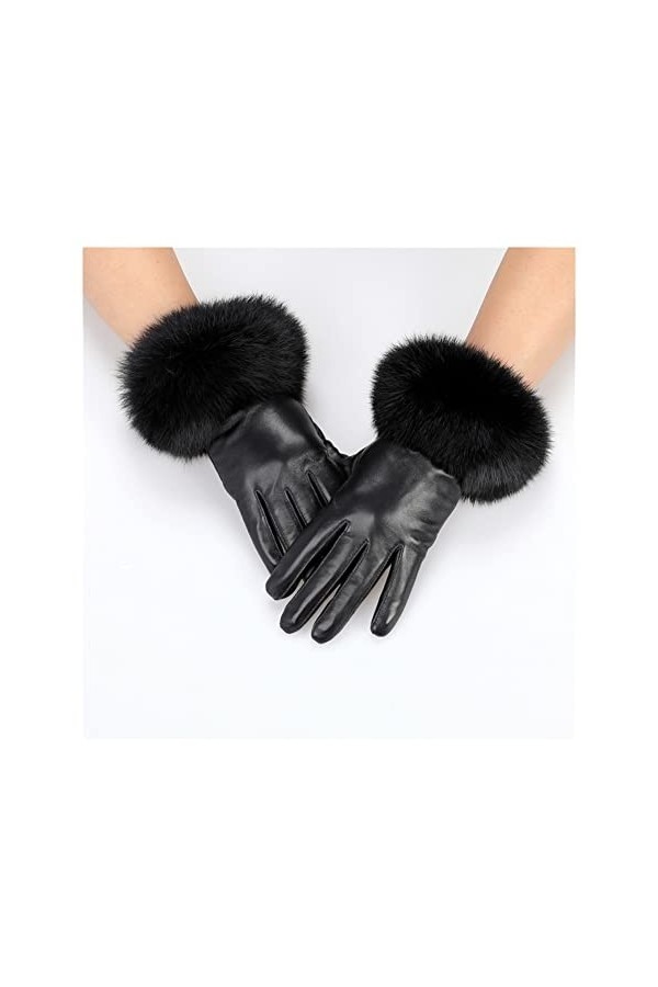Gants dhiver Gants en Cuir véritable for Femmes avec Poignets à Fourrure de Lapin Moutons en Peau de Mouton Color : Black, 