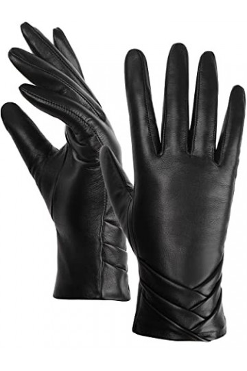 GSG Gants en Cuir Véritable Dhiver en Peau de Mouton à écran Tactile Doublure en Fausse Fourrure pour Femmes Noir S
