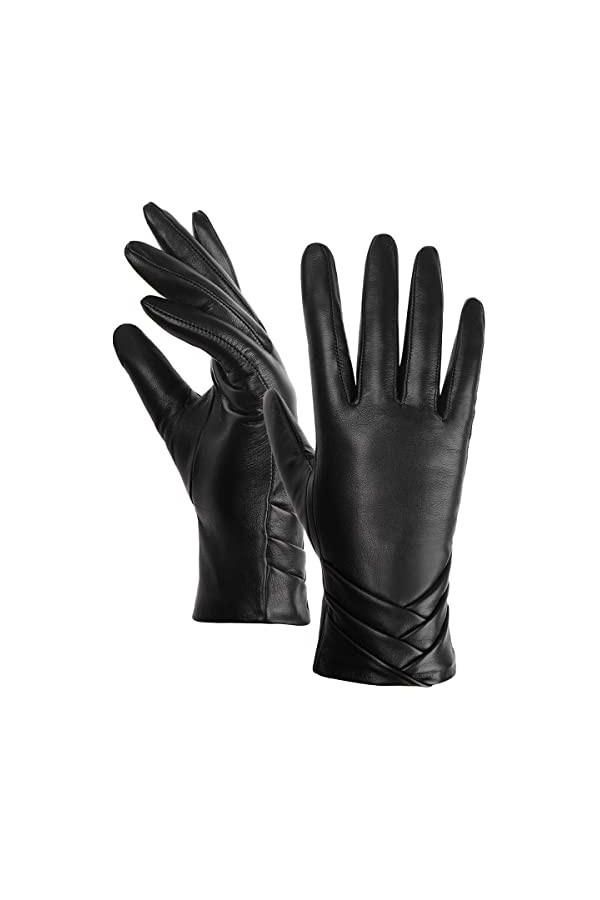 GSG Gants en Cuir Véritable Dhiver en Peau de Mouton à écran Tactile Doublure en Fausse Fourrure pour Femmes Noir S