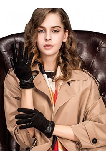 YISEVEN Femme Gants en Cuir avec Noeud Peau de Agneau Véritable Suédé Cadeau Hiver mouton écran tactile chaud laine double El