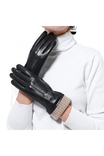 Gants dhiver en cuir pour femme avec protège-poignets en tricot chaud en peau de mouton souple haut de gamme Moufles en cuir