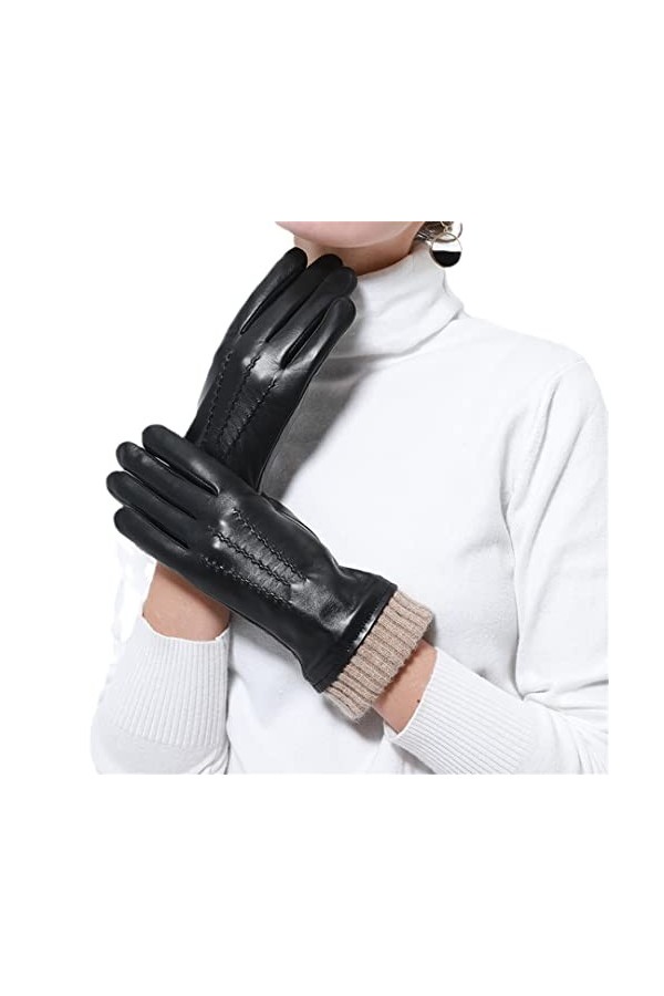Gants dhiver en cuir pour femme avec protège-poignets en tricot chaud en peau de mouton souple haut de gamme Moufles en cuir