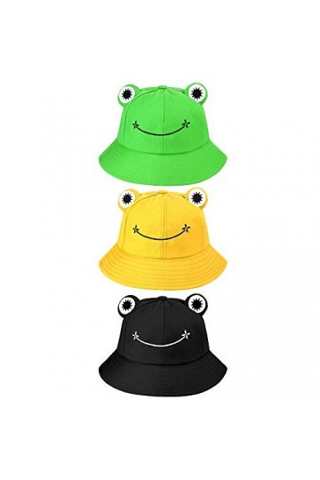 3 Pcs Chapeau de Seau de Grenouille Mignon en Coton Vert, Noir, Jaune, Adulte 