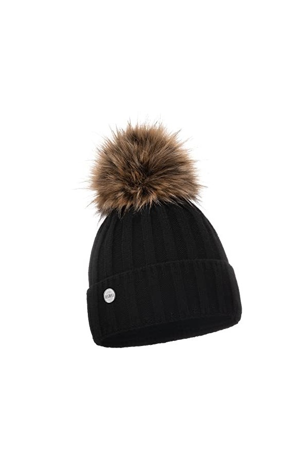 ELIMELI Bonnet en cachemire pour femme,Bonnet dhiver chaud en laine avec cachemire,Bonnet dhiver avec fausse fourrure,Pompo