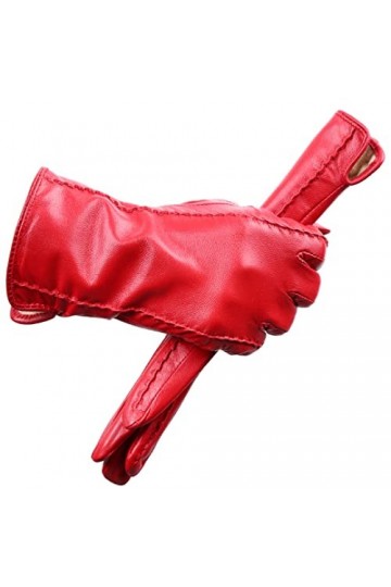 Gants pour femme en peau de mouton chaud hiver gants courts en cuir fin, Rouge, 8.5