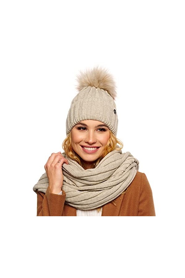 ELIMELI Bonnet en cachemire pour femme,Bonnet dhiver chaud en laine avec cachemire,Bonnet dhiver avec fausse fourrure,Pompo