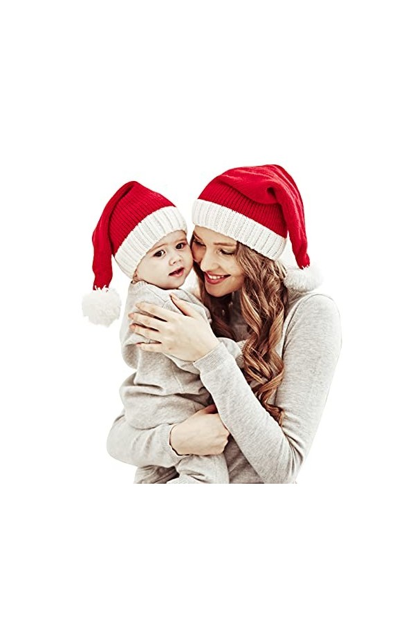 Chapeau de Noël Assorti Famille Bonnet en Tricot pour mère et bébé Noël Parent-Enfant Pom Pom Bonnet Chapeau dhiver Plus Cha