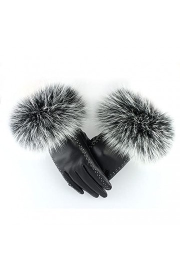 Klobvtt Gants en cuir pour femmes Gants dhiver pour femmes Mitaines en peau de mouton en laine de fourrure de renard pour fe