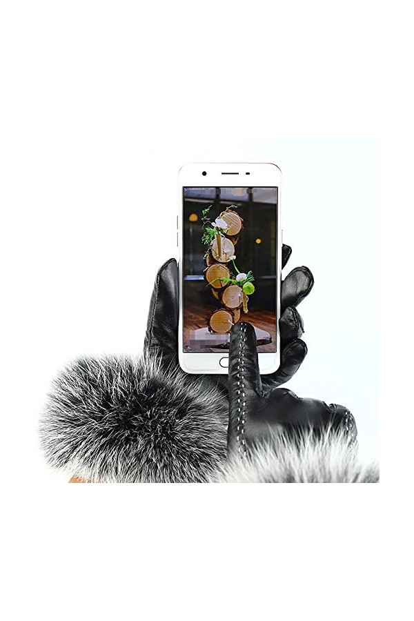 Klobvtt Gants en cuir pour femmes Gants dhiver pour femmes Mitaines en peau de mouton en laine de fourrure de renard pour fe