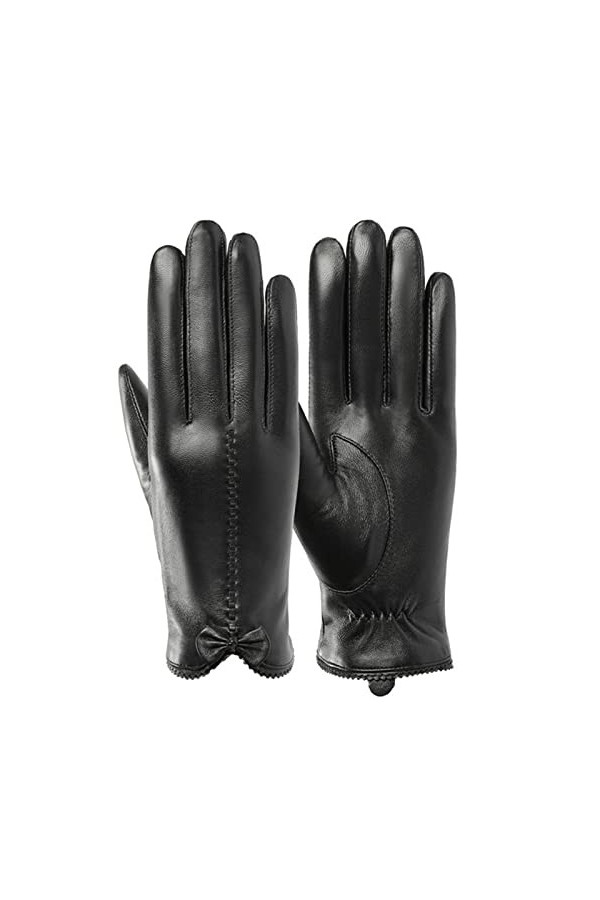 Gants DHiver Mode Femmes En Cuir Véritable Peau De Mouton Bowknot Décoration Doublure Garder Au Chaud En Hiver Gants Noir M