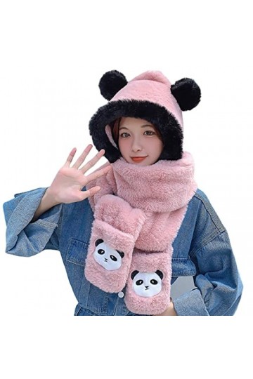 Chapeau en Peluche Mignon Dames Automne Hiver Gants Chauds Écharpe Chauffe-Tête Panda Rose