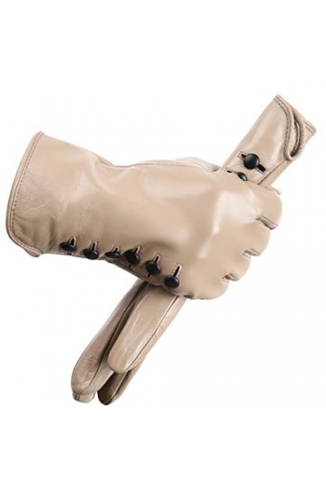 Gants dhiver en peau de mouton pour femme - Gants courts et fins en cuir, kaki, 7