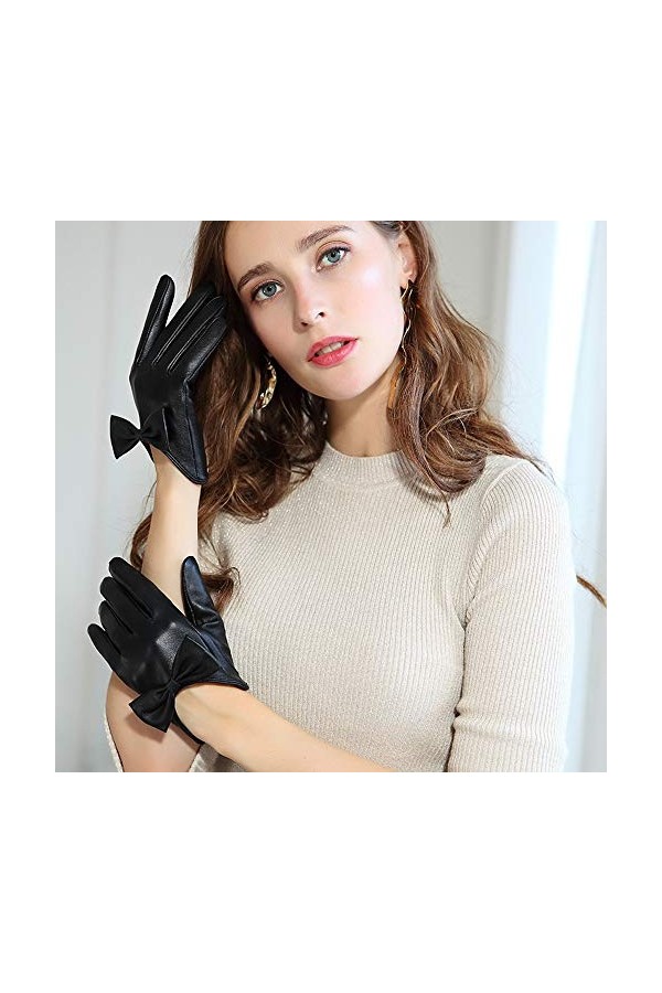 Raelf Élégant Simplicité Gants en Cuir véritable pour Femme Gants en Peau de Mouton avec écran Tactile Demi-Paume Section Min