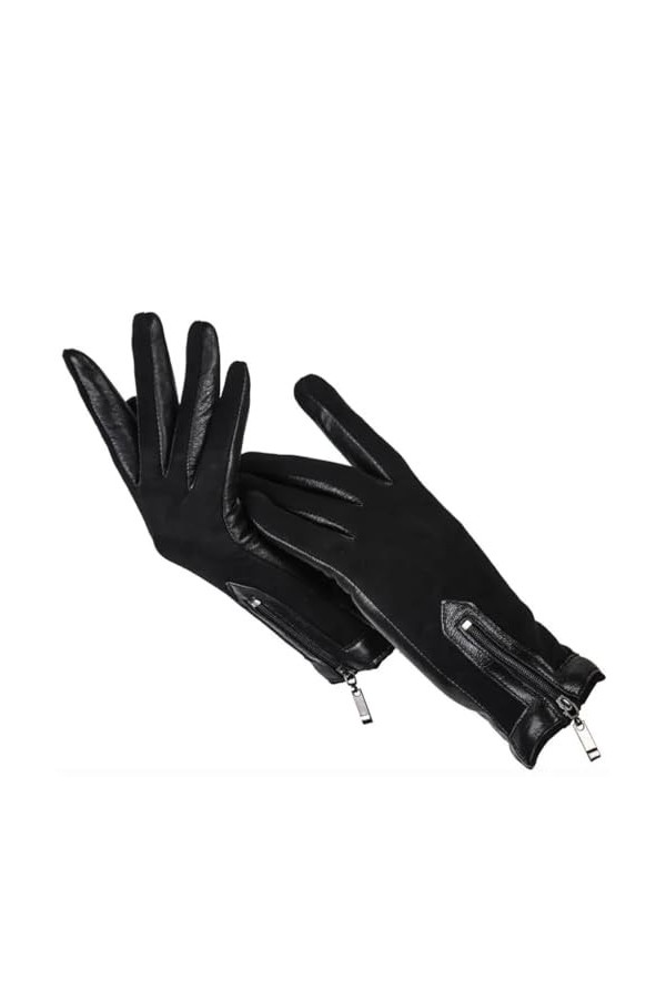 Dninmim Gants dhiver courts en cuir avec fermeture éclair pour femme, gants en cuir noir mat, Noir , 7