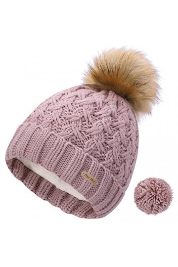 Hat Hut Bonnet dhiver tricoté pour femme avec pompon en fausse fourrure et doublure polaire chaude en tricot torsadé, rose