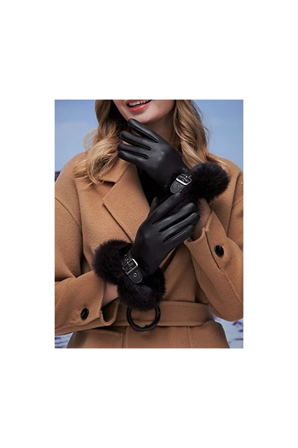 YISEVEN Gants en Cuir Peau de Mouton Agneau Véritable Femme Nouveau Hiver Écran Tactile Chaud Lapin Fourrure Laine Doublée El