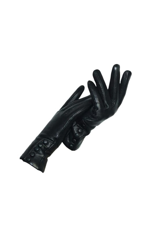 Gants épais en cuir véritable avec nœud pour femme Hiver Automne Moufles en cuir noir chaud, standard, 9