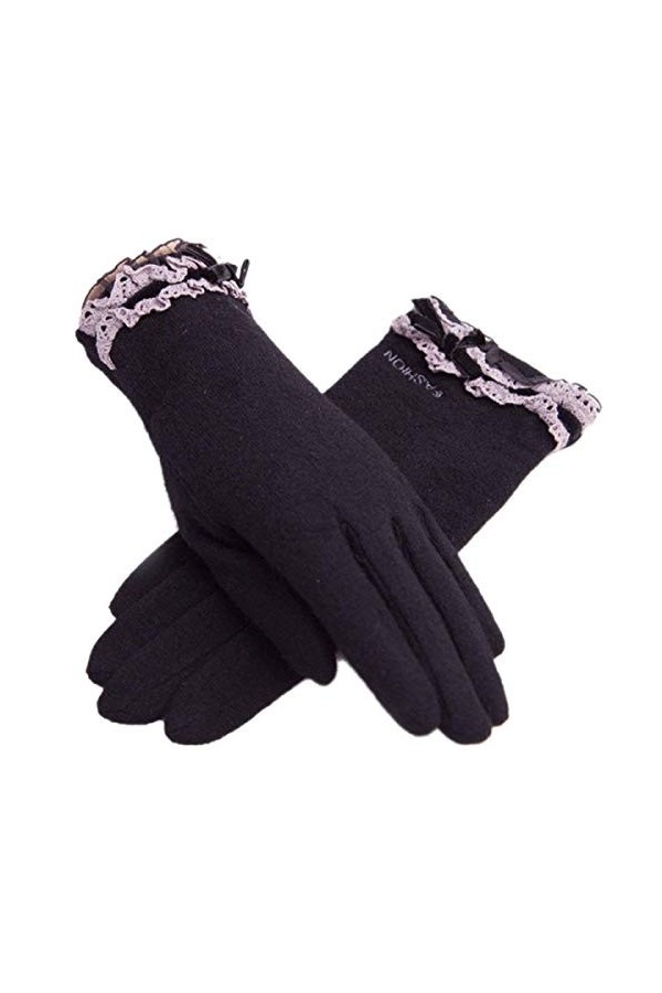 Femme Automne Élégance De Mode Splice Young Styles La Dentelle Gants Chauds Bowknot Épaississement En Plein Air Mitaines Mouf