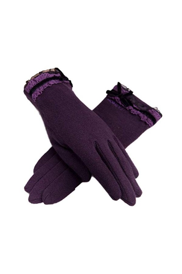 Femme Automne Élégance De Mode Splice Young Styles La Dentelle Gants Chauds Bowknot Épaississement En Plein Air Mitaines Mouf