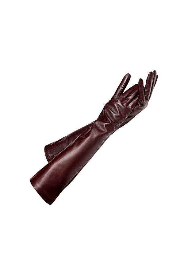 Saeohnssty Gants dhiver en cuir de mouton pour femme - Moufles en cuir à manches longues pour femme, rouge foncé, 59.7