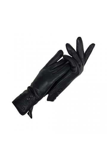 Gants dhiver pour femme en cuir véritable avec doublure en flanelle Noir