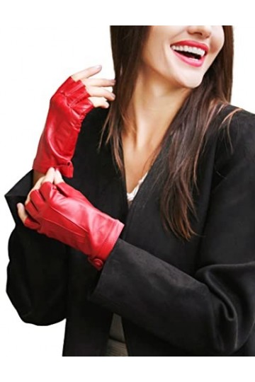 YISEVEN Femme Gants Mitaines en Cuir Peau de Mouton Agneau Véritable Nouveau Hiver Demi Doigts Classique Rayures Bouton Court