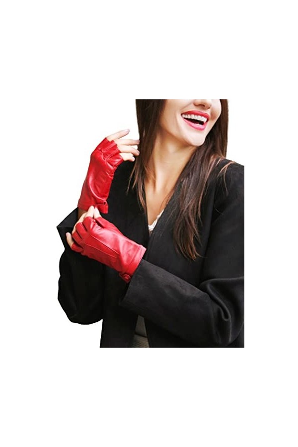 YISEVEN Femme Gants Mitaines en Cuir Peau de Mouton Agneau Véritable Nouveau Hiver Demi Doigts Classique Rayures Bouton Court