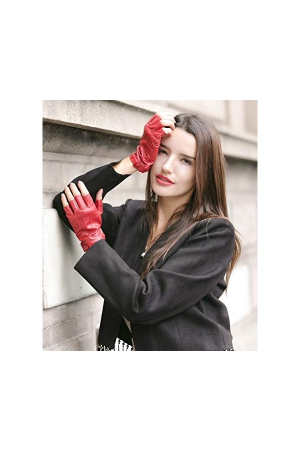 YISEVEN Femme Gants Mitaines en Cuir Peau de Mouton Agneau Véritable Nouveau Hiver Demi Doigts Classique Rayures Bouton Court