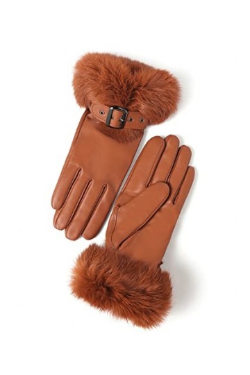 YISEVEN Gants en Cuir Peau de Mouton Agneau Véritable Femme Nouveau Hiver Écran Tactile Chaud Lapin Fourrure Laine Doublée El