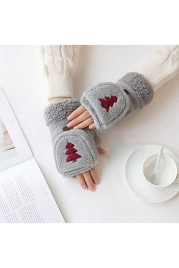 Gants dhiver tricotés pour femme, gants mi-doigts gris en peluche épaisse, demi-doigt rabattable, doux, coupe-vent, élégants