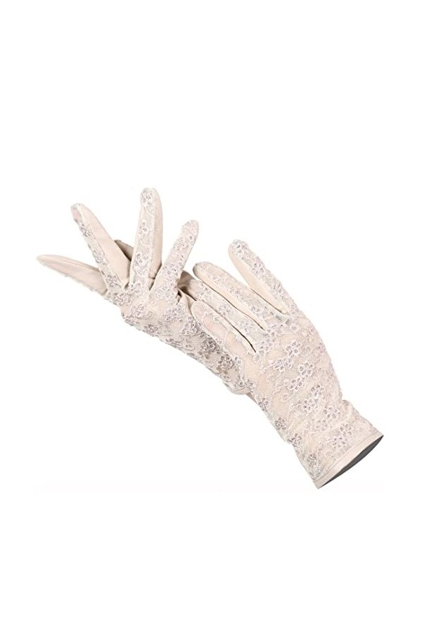 Gants sexy en peau de mouton en dentelle pour femme - Gants confortables en cuir multicolore, beige, 8.5