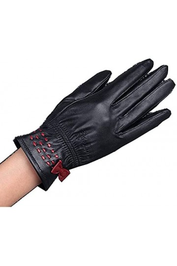 GHCXY Moufles unisexes en cuir avec nœud - Pour femme - Automne hiver - Simple et glamour - Noir - Taille M