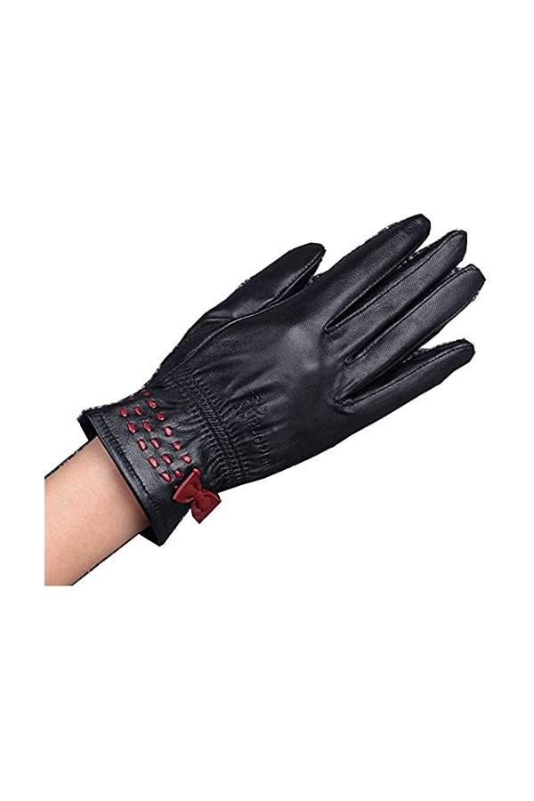 GHCXY Moufles unisexes en cuir avec nœud - Pour femme - Automne hiver - Simple et glamour - Noir - Taille M