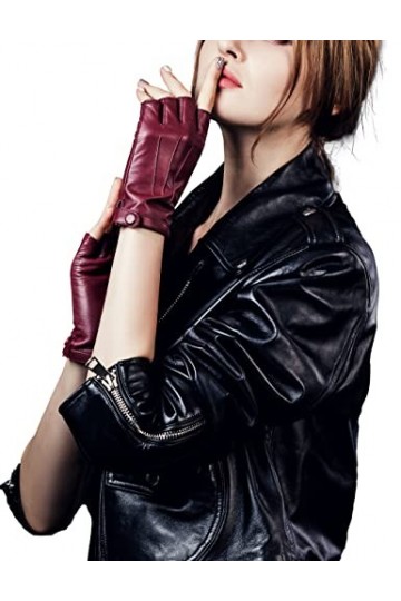 YISEVEN Femme Gants Mitaines en Cuir Peau de Mouton Agneau Véritable Nouveau Hiver Demi Doigts Classique Rayures Bouton Court