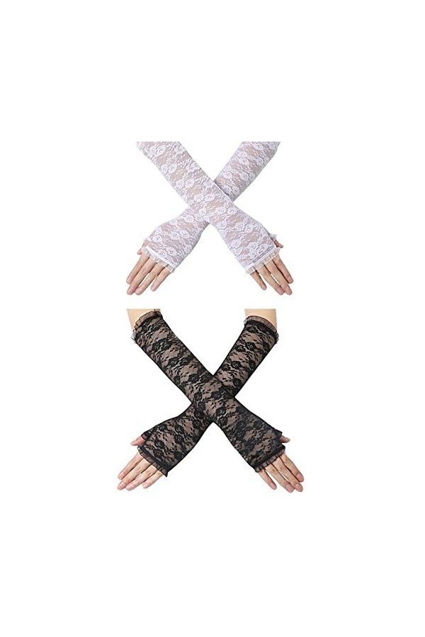 BeFur Mitaines en dentelle pour femme - Pour lété, les coudes - Long et fin - Respirantes, Noir/blanc, taille unique