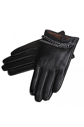Gants chauds en peau de mouton pour femme Printemps et automne Chaîne pour écran tactile Moufles pratiques Noir S