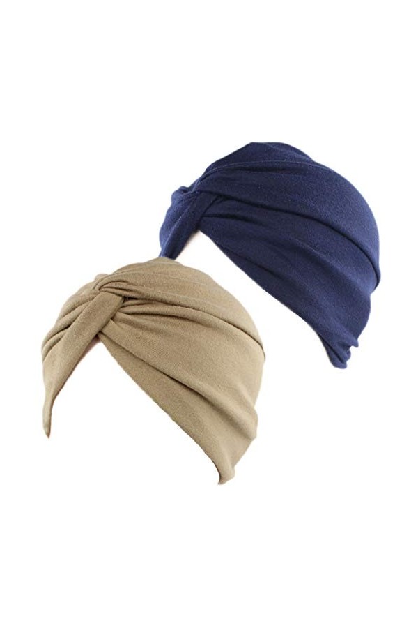 2pcs Bonnet Turban Femme Front Croisé Coton Stretch Bonnet de Nuit Chapeaux Bandeau Foulard Mode Musulmanes pour Perte de Che