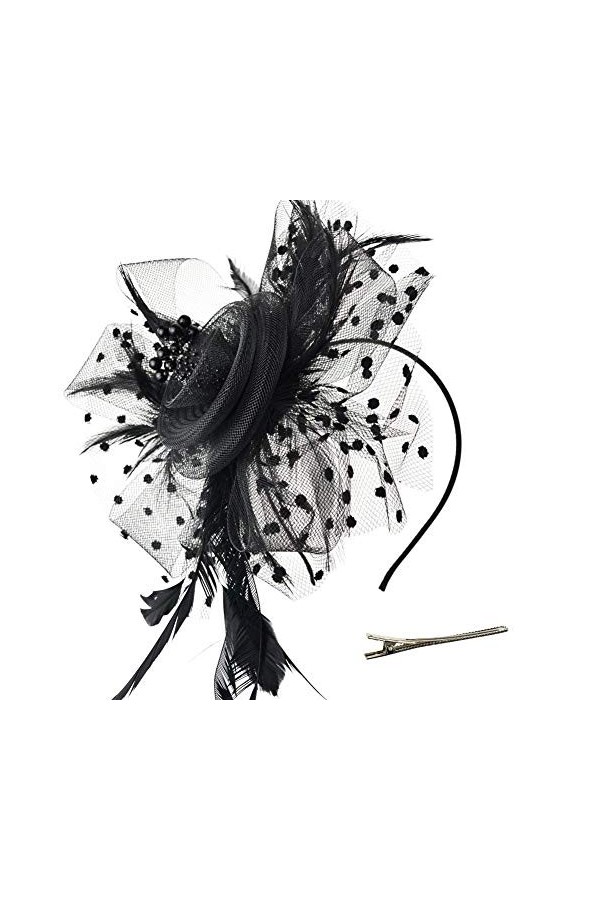 DRESHOW Fascinator Chapeau Plume Mariage Dames Day Bandeau et Clip Cocktail Tea Party Chapeau pour Fille et Femmes