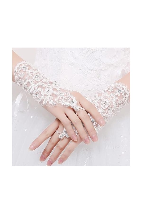 Trjgtas Gants Blancs Femmes Gants de Mariage Courts sans Doigts mariée for Femmes mariée Rouge Dentelle Accessoires Gants de 