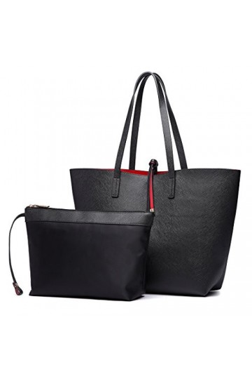 Miss Lulu Sac Porté Main Bandoulière Femme Double Face en PU Cuir Cabas Set de 2,Noir,Taille unique