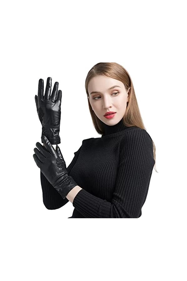 Gant Femme Gants En Cuir Véritable Pour Femmes Gants En Cuir De Chèvre Noir Doublure Chaude En Hiver Gants De Broderie Noir S