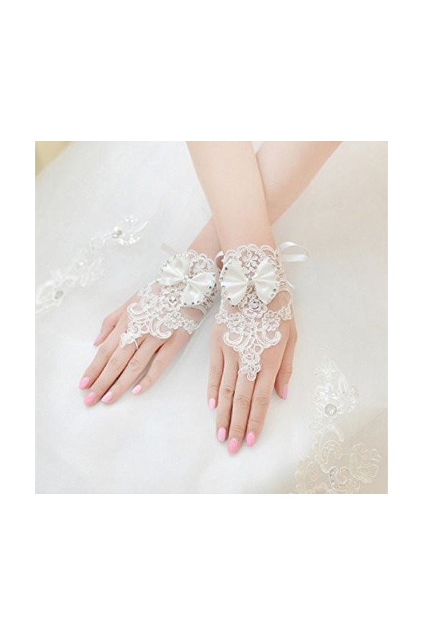 Roytil Strass Dentelle Brides Mariage Floral Bowknot Fingerless Gants Courts Gants Mitaines Femmes Color : White, Size : One