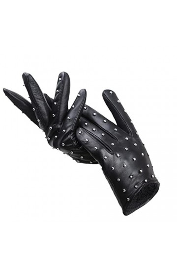 Rivets Gants en cuir pour femme Gants dhiver fins et chauds Gants de moto en cuir pour femme, Noir , L