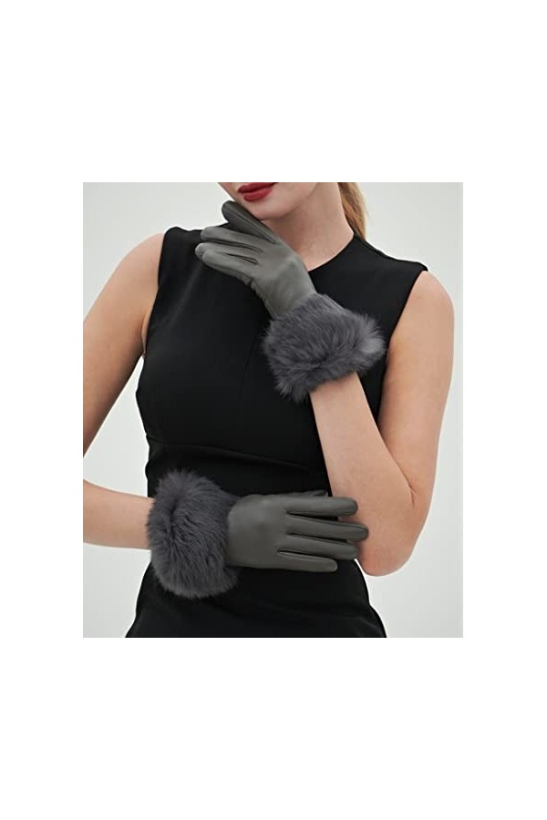 YISEVEN Gants en Cuir Peau de Mouton Véritable Femme Nouveau Hiver Écran Tactile Chaud Lapin Fourrure Laine Doublée Elégante 