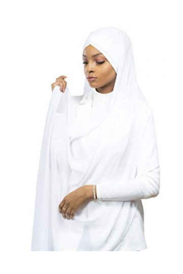 Hijab Foulard à Enfiler avec bonnet intégré pour femme musulmane voilée châle islamique voile enfilable Blanc 