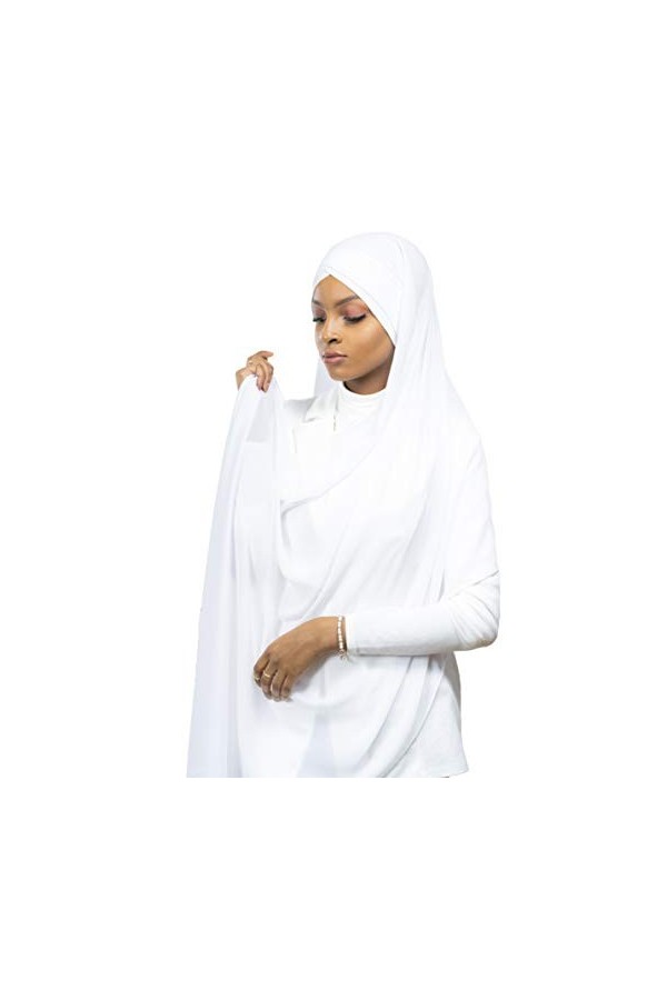 Hijab Foulard à Enfiler avec bonnet intégré pour femme musulmane voilée châle islamique voile enfilable Blanc 