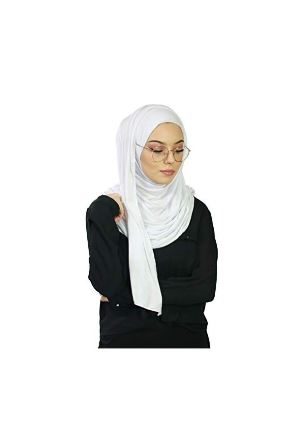 Hijab Foulard à Enfiler avec ouvertures pour lunette pour femme musulmane voilée châle islamique voile enfilable HE500 Blanc