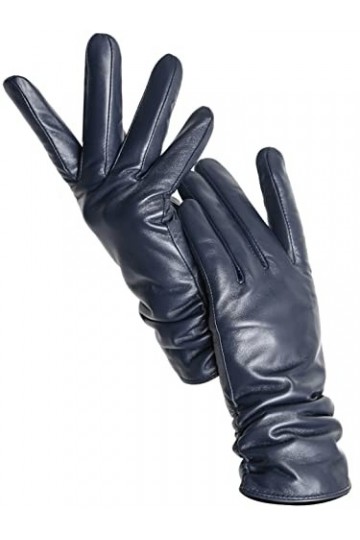 Gants dhiver chauds en peau de mouton pour femme - En velours - Courts et fins - Pour écran tactile, Toucher bleu foncé, 36
