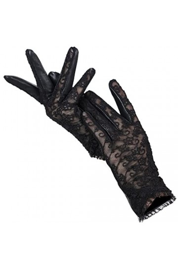 Gants de conduite en peau de mouton en dentelle pour femme - Gants classiques en cuir brodé, Noir , 7