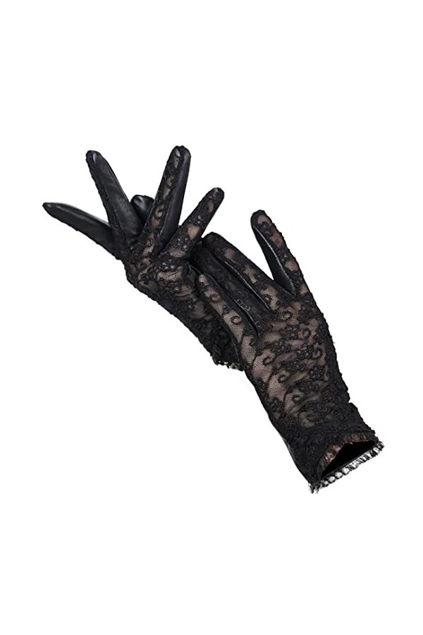 Gants de conduite en peau de mouton en dentelle pour femme - Gants classiques en cuir brodé, Noir , 7
